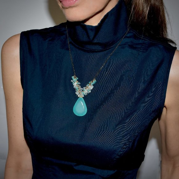 14kGF Blue Chalcedony and Aquamarine Drop Necklace - Picture 1 of 6